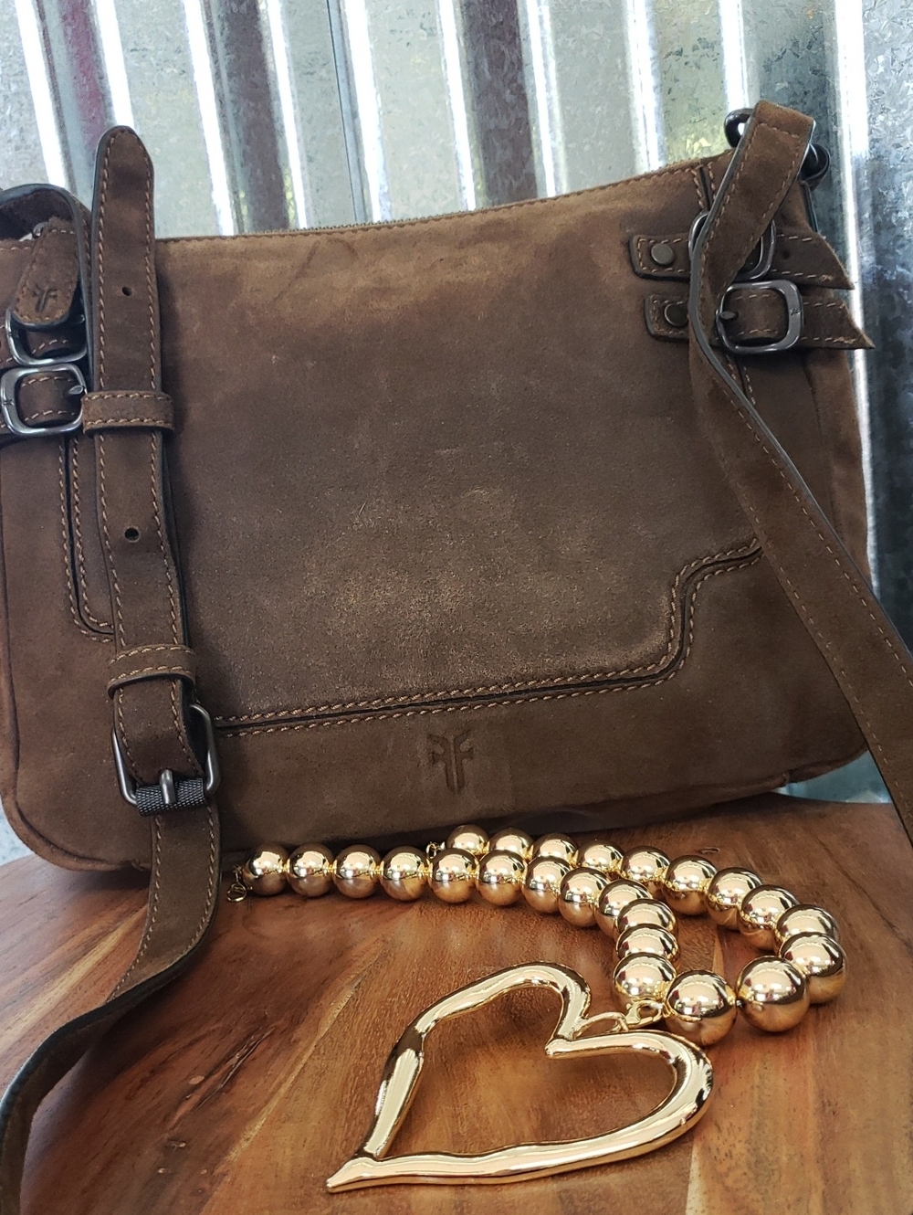 Suede Crossbody Bag in Brown with Gold Heart Accent